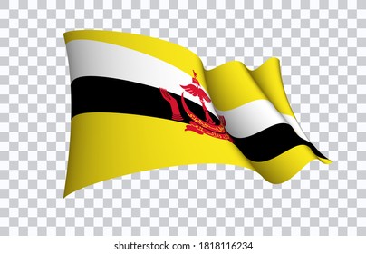 Símbolo del estado de la bandera de Brunéi aislado en una bandera nacional de fondo. Tarjeta de saludo Día de la Independencia Nacional del Estado de Brunei Darussalam. Cartel de ilustración con bandera de estado realista.