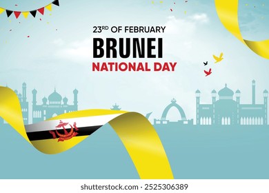 Brunei Flag Waving On Skyline Background. National Day Concept Design Vector Illustration.