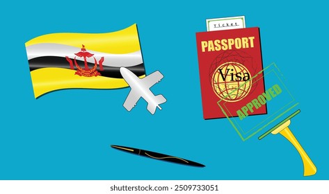 Brunei flag with white plane icon. Passport with visa approved stamp. Black stylish Pen. Brunein Travel poster. Editable vector EPS available