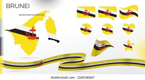 Brunei flags set. Various designs. Map and capital city. World flags. Vector set. Circle icon. Template for independence day. Collection of national symbols. Ribbon with colors of the flag.