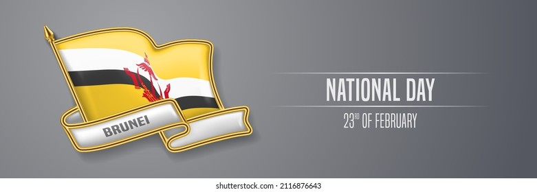 Brunei happy national day greeting card, banner vector illustration. Holiday 23rd of February design element with 3D pin with flag