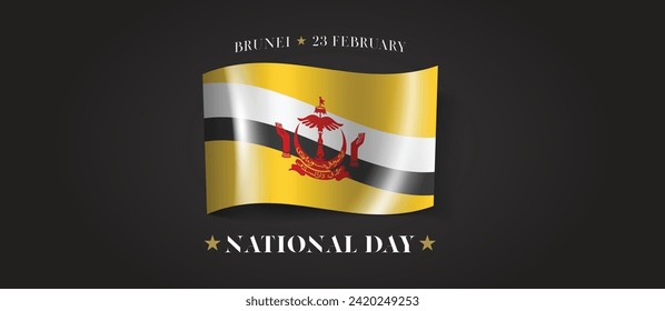 Brunei happy national day greeting card, banner with template text vector illustration. Brunei Darussalam memorial holiday 23rd of February design element with flag with stripes