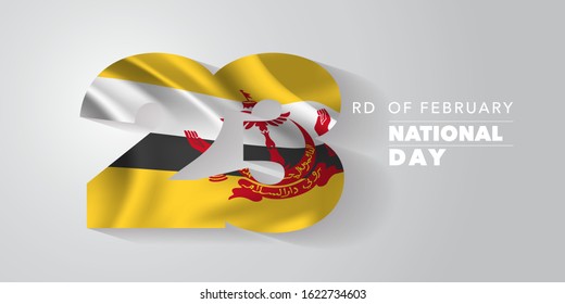 Brunei happy national day vector banner, greeting card. Wavy flag in nonstandard design for 23rd of February national holiday