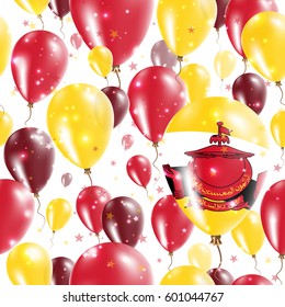 Brunei Independence Day Seamless Pattern. Flying Rubber Balloons in Colors of the Bruneian Flag. Happy Brunei Day Patriotic Card with Balloons, Stars and Sparkles.