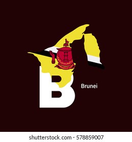 Brunei Initial Letter Country with Map and Flag Vector