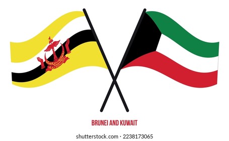Brunei and Kuwait Flags Crossed And Waving Flat Style. Official Proportion. Correct Colors.
