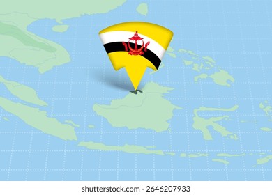 Brunei Localização Destacado no Mapa Asiático com Ícone de Bandeira. Design detalhado do vetor.