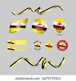 Brunei made in logo. Set of design flags label icon, stripes, ribbons