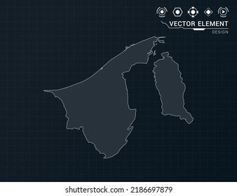 Brunei map of black digital frame HUD, GUI, UI interface technology radar vector.