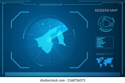 Brunei map of blue digital frame technology radar vector HUD, GUI, UI interface.