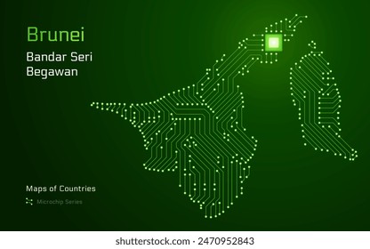 Brunei Map with a capital of Bandar Seri Begawan Shown in a Microchip Pattern with processor. E-government. World Countries vector maps. Microchip Series	