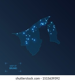 Brunei map with cities. Luminous dots - neon lights on dark background. Vector illustration. 