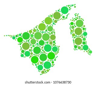 Brunei Map collage of random filled circles in variable sizes and fresh green color tinges. Vector round elements are combined into brunei map collage. Ecological geography map vector illustration.