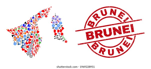 Brunei map collage and textured Brunei red round stamp imitation. Brunei seal uses vector lines and arcs. Brunei map collage contains gears, houses, wrenches, suns, men, and more icons.