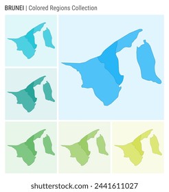 Brunei map collection. Country shape with colored regions. Light Blue, Cyan, Teal, Green, Light Green, Lime color palettes. Border of Brunei with provinces for your infographic. Vector illustration.