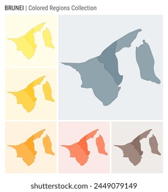 Colección del mapa de Brunei. Forma de Country con regiones de color. Gris azul, amarillo, ámbar, naranja, naranja profundo, marrón paletas de color. Frontera de Brunei con las provincias para su infografía.