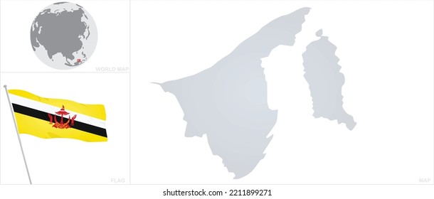 Brunei  Map And Flag. Vector