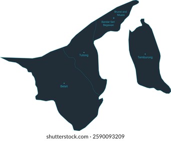 Brunei map high detailed with administrative divide by state, capital cities names, outline simplicity style. Vector illustration EPS10.