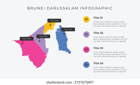Brunei Karte Infografik Vorlage mit 4 Optionen. Brunei Verwaltungskarte Infografik zur Präsentation.