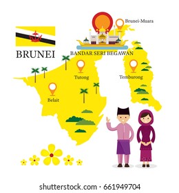 Brunei Map And Landmarks With People In Traditional Clothing, Culture, Travel And Tourist Attraction