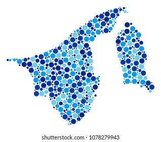 Brunei Map mosaic of filled circles in variable sizes and blue color tinges. Scattered round blots are arranged into Brunei Map illustration. Vector geography blue map design concept.