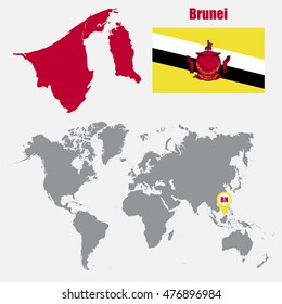Brunei map on a world map with flag and map pointer. Vector illustration