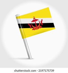 Brunei map pin flag icon. Bruneian pennant map marker on a metal needle. 3D realistic vector illustration.