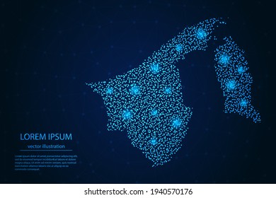 Mapa de Brunéi de estrellas azules y brillantes en un fondo oscuro. Vector eps 10.