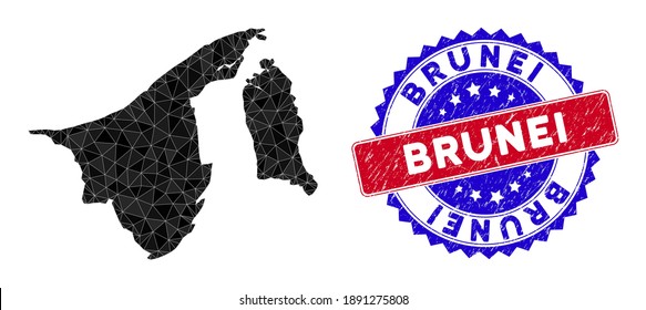 Brunei map polygonal mesh with filled triangles, and textured bicolor watermark. Triangle mosaic Brunei map with mesh vector model, triangles have different sizes, and positions, and color tones.