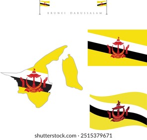 Brunéi. Mapa y bandera enmascarada rectangular. Silueta detallada. Ondeando la bandera. ilustración aislada en blanco. Conjunto de iconos de bandera de Brunei