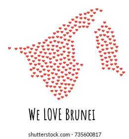 Brunei Map with red hearts- symbol of love. abstract background with text We Love Brunei. vector illustration. Print for t-shirt