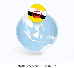 Brunei Map with Round Brunei Flag Pin Pointer on Circular Globe. Vector map icon.