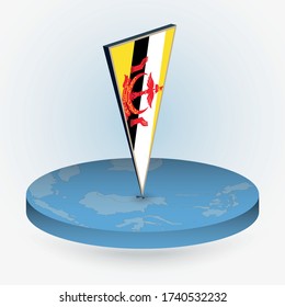 Brunei Karte im runden isometrischen Stil mit dreieckiger 3D-Flagge von Brunei, Vektorkarte in blau Farbe. 
