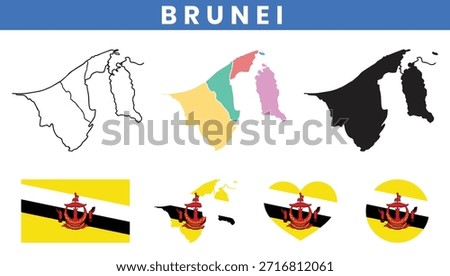 Brunei Map Shapes and National Flag Vector Set