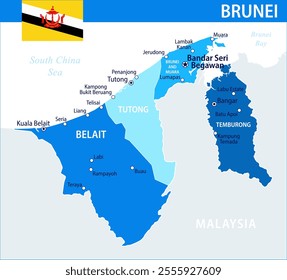 Brunei Map Vector Blue Spot - Customizable layered political map of Brunei with administrative divisions for website, education, reports, news, politics, print, poster and wallpaper