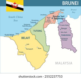 Brunei Map Vetor New 2024 Colorful - Personalizável mapa político em camadas de Brunei com divisões administrativas para site, educação, relatórios, notícias, política, impressão, cartaz e papel de parede