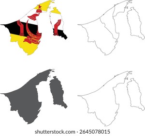 Conjunto de vetores do mapa de Brunei - política, contorno, bandeira e estilos sólidos