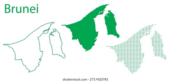 Brunei Mapa Vetor Set, Sudeste Asiático Contorno Silhueta Pontilhada Formas Verdes, Brunei Country Infographic Template, Editável EPS Brunei Geografia
