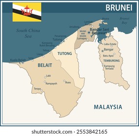 Brunei Map Vector Vintage Dark Blue Beige - Customizable layered political map of Brunei with administrative divisions for website, education, reports, news, politics, print, poster and wallpaper