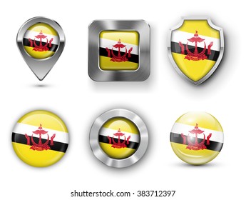 Brunei Metal and Glass Flag Badges, Buttons, Map marker pin and Shields. Vector illustrations
