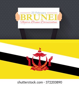 Brunei National Celebration Card, Flat Background, Badges Vector Template - Malay Text "Negara Brunei Darussalam" at English "Nation of Brunei"