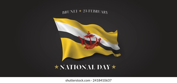 Brunei national day vector banner, greeting card. Brunei Darussalam wavy flag in 23rd of February patriotic holiday horizontal design with realistic flag