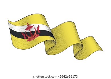 Brunei national flag waving ribbon shape with engraved vintage texture