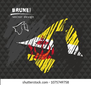 Brunei national vector map with sketch chalk flag. Sketch chalk hand drawn illustration