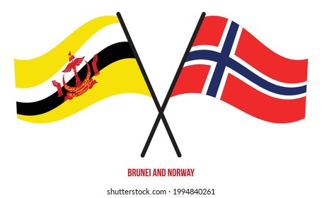 Brunei and Norway Flags Crossed And Waving Flat Style. Official Proportion. Correct Colors.