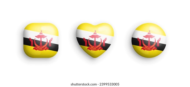 Brunei Official National Flag 3D Vector Glossy Icons In Rounded Square, Heart And Circle Form Isolated On White Back. Bruneian Sign And Symbols Graphic Design Elements Volumetric Buttons Collection