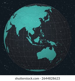 Brunei on a globe with a vintage look, grunge scratched texture, and a dark charcoal turquoise color palette. The image shows the country's shape on a world map with meridians and parallels.