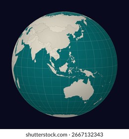 Brunei on the map. Globe centered to Brunei. Country location on the world map. Teal Pale Mint color palette. Globe with countries, meridians and parallels. Alive vector illustration.