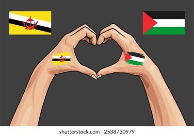 Brunei and Palestine solidarity. Free Palestine. Love Palestine. Two human hands forming a symbol of love.