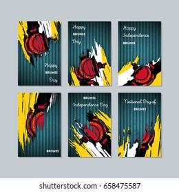 Brunei Patriotic Cards for National Day. Expressive Brush Stroke in Flag Colors on dark striped background. Vector Greeting Card.